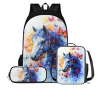 QIQISE Cool Tiger - Set di zaini per bambini da 8 a 10 anni, borsa per libri per la scuola con portapranzo, astuccio per matite, zaino per ragazzi per la scuola, leggero, 3 pezzi, Cavallo d'arte
