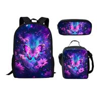 QIQISE Galaxy Space Art Print 3Pcs School Bag Kids Zaino Set per Ragazze Bookbags con Borsa termica per il pranzo l Case, Farfalla floreale., Taglia unica