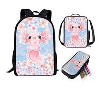 QIQISE Orca Killer Whale - Zaino per la scuola per ragazze, con borsa per il pranzo e astuccio per scuola, set da viaggio, confezione da 3 pezzi, motivo oceano, viola, Sakura Axolotl, Taglia unica