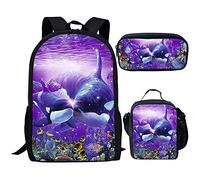 QIQISE Orca Killer Whale - Zaino per la scuola per ragazze, con borsa per il pranzo e astuccio per scuola, set da viaggio, confezione da 3 pezzi, motivo oceano, viola, Orca Killer Whale, Taglia unica