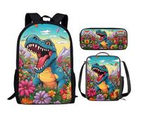 QIQISE Orca Killer Whale - Zaino per la scuola per ragazze, con borsa per il pranzo e astuccio per scuola, set da viaggio, confezione da 3 pezzi, motivo oceano, viola, Dinosauro Fiore, Taglia unica