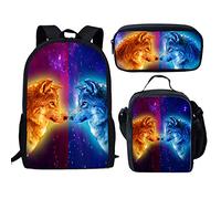 QIQISE Orca Killer Whale - Zaino per la scuola per ragazze, con borsa per il pranzo e astuccio per scuola, set da viaggio, confezione da 3 pezzi, motivo oceano, viola, Galaxy Lupo Set 2, Taglia unica