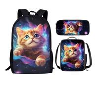 QIQISE Orca Killer Whale - Zaino per la scuola per ragazze, con borsa per il pranzo e astuccio per scuola, set da viaggio, confezione da 3 pezzi, motivo oceano, viola, Gatto galassia 2, Taglia unica