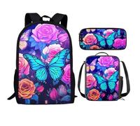 QIQISE Orca Killer Whale - Zaino per la scuola per ragazze, con borsa per il pranzo e astuccio per scuola, set da viaggio, confezione da 3 pezzi, motivo oceano, viola, Farfalla Fiore-2, Taglia unica