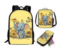 QIQISE Orca Killer Whale - Zaino per la scuola per ragazze, con borsa per il pranzo e astuccio per scuola, set da viaggio, confezione da 3 pezzi, motivo oceano, viola, Elefante Girasole 2, Taglia