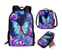 QIQISE Orca Killer Whale - Zaino per la scuola per ragazze, con borsa per il pranzo e astuccio per scuola, set da viaggio, confezione da 3 pezzi, motivo oceano, viola, Farfalla fiore, Taglia unica
