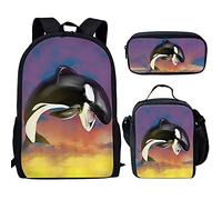QIQISE Orca Killer Whale - Zaino per la scuola per ragazze, con borsa per il pranzo e astuccio per scuola, set da viaggio, confezione da 3 pezzi, motivo oceano, viola, Balena Killer, Taglia unica