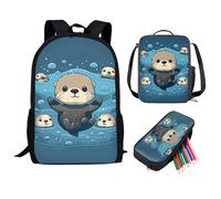 QIQISE Orca Killer Whale - Zaino per la scuola per ragazze, con borsa per il pranzo e astuccio per scuola, set da viaggio, confezione da 3 pezzi, motivo oceano, viola, Lontra di Mare 3, Taglia unica
