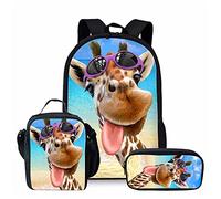 QIQISE Orca Killer Whale - Zaino per la scuola per ragazze, con borsa per il pranzo e astuccio per scuola, set da viaggio, confezione da 3 pezzi, motivo oceano, viola, Divertente giraffa., Taglia