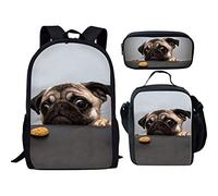 QIQISE Orca Killer Whale - Zaino per la scuola per ragazze, con borsa per il pranzo e astuccio per scuola, set da viaggio, confezione da 3 pezzi, motivo oceano, viola, Pug Dog Grigio Set, Taglia unica