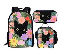 QIQISE Orca Killer Whale - Zaino per la scuola per ragazze, con borsa per il pranzo e astuccio per scuola, set da viaggio, confezione da 3 pezzi, motivo oceano, viola, Gatto Fiore, Taglia unica, Zaini