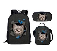 QIQISE Set di 3 borse per la scuola per ragazze e bambine, con stampa di galline, borsa per il pranzo con supporto e astuccio, 3d divertente gatto farfalla, Taglia unica, Zaini Tradizionali