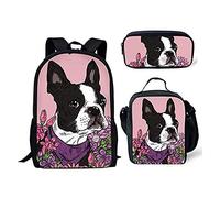 QIQISE Set di 3 zaini per la scuola, portapranzo, astuccio con stampa di terrier, per bambini/ragazze, set da 43,9 cm, zaino, Set Boston Terrier/, Taglia unica, Zaini Tradizionali