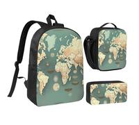 QIQISE Set zaino con mappa del mondo retrò con stampa conveniente, borsa per il pranzo, portapenne, matite per adolescenti, forniture per lo studio, snack