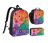 QIQISE Set zaino con stampa di fiori arcobaleno, borsa per il pranzo, portapenne, matite per adolescenti, forniture per lo studio, snack