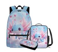 QIQISE Simpatico zaino Capybara con lunchbox 17 pollici grande capacità borsa da scuola per ragazze 6-8 borsa leggera con tasca frontale zaino per bambini per studenti elementari, Axolotl Blu, Taglia