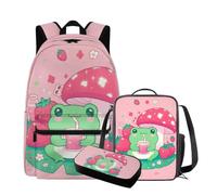 QIQISE Simpatico zaino Capybara con lunchbox 17 pollici grande capacità borsa da scuola per ragazze 6-8 borsa leggera con tasca frontale zaino per bambini per studenti elementari, Fungo Rana, Taglia