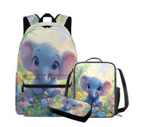 QIQISE Simpatico zaino Capybara con lunchbox 17 pollici grande capacità borsa da scuola per ragazze 6-8 borsa leggera con tasca frontale zaino per bambini per studenti elementari, Grazioso elefante