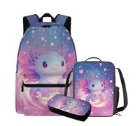 QIQISE Simpatico zaino Capybara con lunchbox 17 pollici grande capacità borsa da scuola per ragazze 6-8 borsa leggera con tasca frontale zaino per bambini per studenti elementari, Carino Axolotl