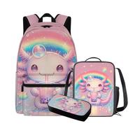 QIQISE Simpatico zaino Capybara con lunchbox 17 pollici grande capacità borsa da scuola per ragazze 6-8 borsa leggera con tasca frontale zaino per bambini per studenti elementari, Arcobaleno Axolotl