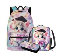 QIQISE Simpatico zaino Capybara con lunchbox 17 pollici grande capacità borsa da scuola per ragazze 6-8 borsa leggera con tasca frontale zaino per bambini per studenti elementari, Gatto carino