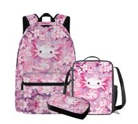 QIQISE Simpatico zaino Capybara con lunchbox 17 pollici grande capacità borsa da scuola per ragazze 6-8 borsa leggera con tasca frontale zaino per bambini per studenti elementari, Axolotl ai fiori di