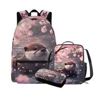 QIQISE Simpatico zaino Capybara con lunchbox 17 pollici grande capacità borsa da scuola per ragazze 6-8 borsa leggera con tasca frontale zaino per bambini per studenti elementari, Lontra in fiore di