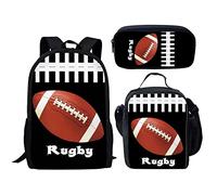 QIQISE Zaino per la scuola media Set per ragazzi borsa per il pranzo alla moda borse portamatite borsa libro stampa baseball, Rugby 1, Taglia unica