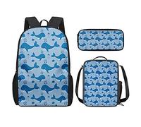 QIQISE Zaino per la scuola per ragazze, 3 pezzi, classico, grande, borsa termica per il pranzo per bambini, astuccio piccolo con stampa di leone accogliente, Delfino-blu, Taglia unica, Zaini