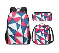 QIQISE Zaino per la scuola per ragazze, 3 pezzi, classico, grande, borsa termica per il pranzo per bambini, astuccio piccolo con stampa di leone accogliente, Giunzione geometrica, Taglia unica, Zaini