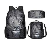 QIQISE Zaino per la scuola per ragazze, 3 pezzi, classico, grande, borsa termica per il pranzo per bambini, astuccio piccolo con stampa di leone accogliente, Leone-grigio, Taglia unica, Zaini