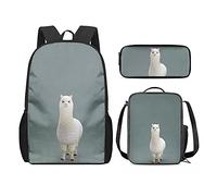 QIQISE Zaino per la scuola per ragazze, 3 pezzi, classico, grande, borsa termica per il pranzo per bambini, astuccio piccolo con stampa di leone accogliente, Alpaca bianca, Taglia unica, Zaini
