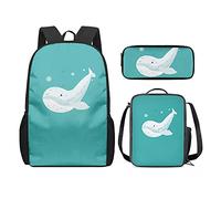 QIQISE Zaino per la scuola per ragazze, 3 pezzi, classico, grande, borsa termica per il pranzo per bambini, astuccio piccolo con stampa di leone accogliente, Beluga, Taglia unica, Zaini Tradizionali