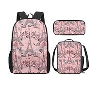 QIQISE Zaino per la scuola per ragazze, 3 pezzi, classico, grande, borsa termica per il pranzo per bambini, astuccio piccolo con stampa di leone accogliente, Parigi romantica, Taglia unica, Zaini