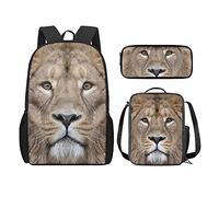 QIQISE Zaino per la scuola per ragazze, 3 pezzi, classico, grande, borsa termica per il pranzo per bambini, astuccio piccolo con stampa di leone accogliente, Leone Feroce, Taglia unica, Zaini