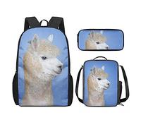 QIQISE Zaino per la scuola per ragazze, 3 pezzi, classico, grande, borsa termica per il pranzo per bambini, astuccio piccolo con stampa di leone accogliente, Adorabile alpaca, Taglia unica, Zaini