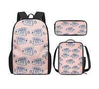 QIQISE Zaino per la scuola per ragazze, 3 pezzi, classico, grande, borsa termica per il pranzo per bambini, astuccio piccolo con stampa di leone accogliente, Pesce Arancia, Taglia unica, Zaini