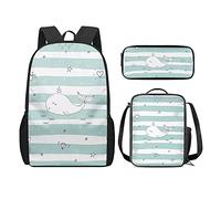 QIQISE Zaino per la scuola per ragazze, 3 pezzi, classico, grande, borsa termica per il pranzo per bambini, astuccio piccolo con stampa di leone accogliente, Delfino piacevole, Taglia unica, Zaini
