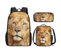 QIQISE Zaino per la scuola per ragazze, 3 pezzi, classico, grande, borsa termica per il pranzo per bambini, astuccio piccolo con stampa di leone accogliente, Divertente leone, Taglia unica, Zaini
