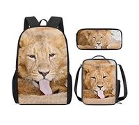 QIQISE Zaino per la scuola per ragazze, 3 pezzi, classico, grande, borsa termica per il pranzo per bambini, astuccio piccolo con stampa di leone accogliente, Leone Stanco, Taglia unica, Zaini