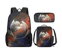 QIQISE Zaino per la scuola per ragazze, 3 pezzi, classico, grande, borsa termica per il pranzo per bambini, astuccio piccolo con stampa di leone accogliente, Galaxy Cat, Taglia unica, Zaini