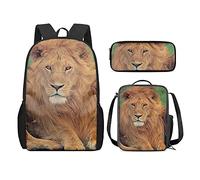 QIQISE Zaino per la scuola per ragazze, 3 pezzi, classico, grande, borsa termica per il pranzo per bambini, astuccio piccolo con stampa di leone accogliente, Cozy Lion, Taglia unica, Zaini