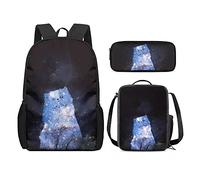 QIQISE Zaino per la scuola per ragazze, 3 pezzi, classico, grande, borsa termica per il pranzo per bambini, astuccio piccolo con stampa di leone accogliente, Gatto galassia viola a, Taglia unica