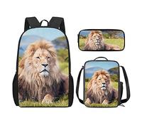 QIQISE Zaino per la scuola per ragazze, 3 pezzi, classico, grande, borsa termica per il pranzo per bambini, astuccio piccolo con stampa di leone accogliente, Leone potente, Taglia unica, Zaini