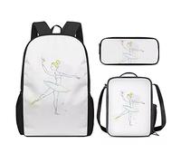 QIQISE Zaino per la scuola per ragazze, 3 pezzi, classico, grande, borsa termica per il pranzo per bambini, astuccio piccolo con stampa di leone accogliente, Ballerina, Taglia unica, Zaini