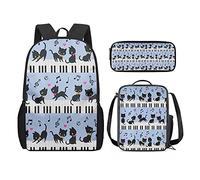QIQISE Zaino per la scuola per ragazze, 3 pezzi, classico, grande, borsa termica per il pranzo per bambini, astuccio piccolo con stampa di leone accogliente, Pianoforte Music, Taglia unica, Zaini