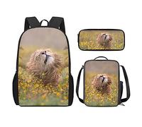 QIQISE Zaino per la scuola per ragazze, 3 pezzi, classico, grande, borsa termica per il pranzo per bambini, astuccio piccolo con stampa di leone accogliente, Leone Fiore, Taglia unica, Zaini