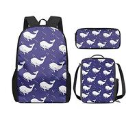 QIQISE Zaino per la scuola per ragazze, 3 pezzi, classico, grande, borsa termica per il pranzo per bambini, astuccio piccolo con stampa di leone accogliente, Beluga-viola, Taglia unica, Zaini