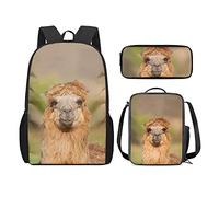 QIQISE Zaino per la scuola per ragazze, 3 pezzi, classico, grande, borsa termica per il pranzo per bambini, astuccio piccolo con stampa di leone accogliente, Alpaca sorridente, Taglia unica, Zaini