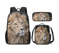QIQISE Zaino per la scuola per ragazze, 3 pezzi, classico, grande, borsa termica per il pranzo per bambini, astuccio piccolo con stampa di leone accogliente, Leone feroce B, Taglia unica, Zaini